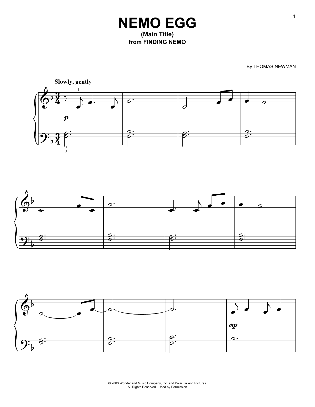 Thomas Newman Nemo Egg (Main Title) (from Finding Nemo) Sheet Music