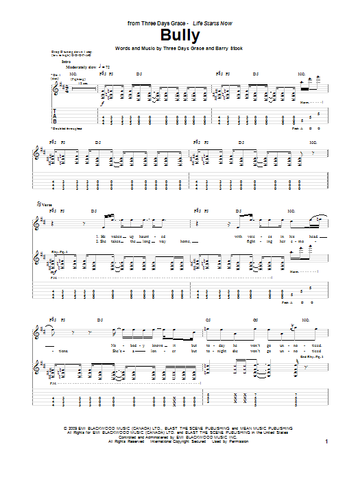Three Days Grace Bully Sheet Music