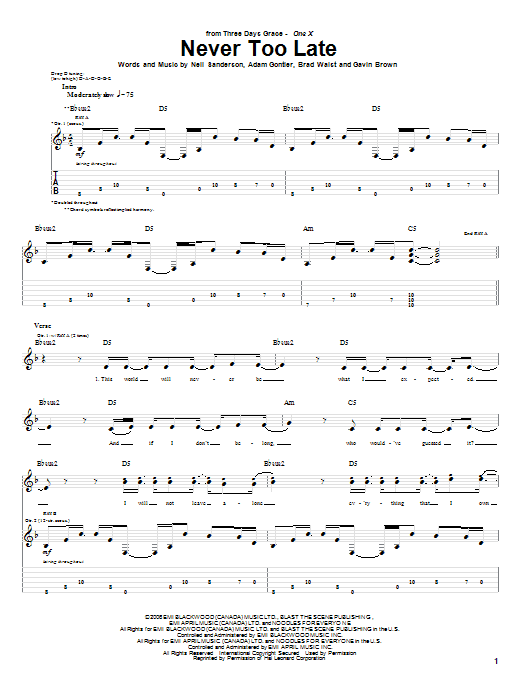 Three Days Grace Never Too Late Sheet Music