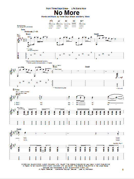 Three Days Grace No More Sheet Music