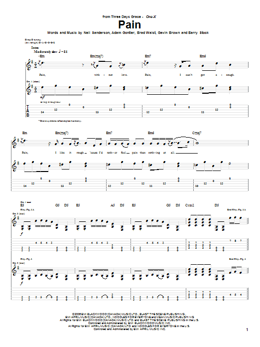 Three Days Grace Pain Sheet Music