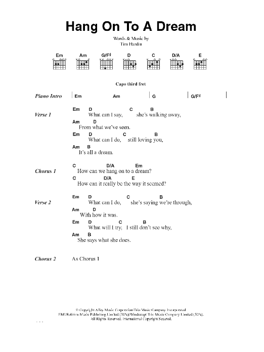 Tim Hardin Hang On To A Dream Sheet Music