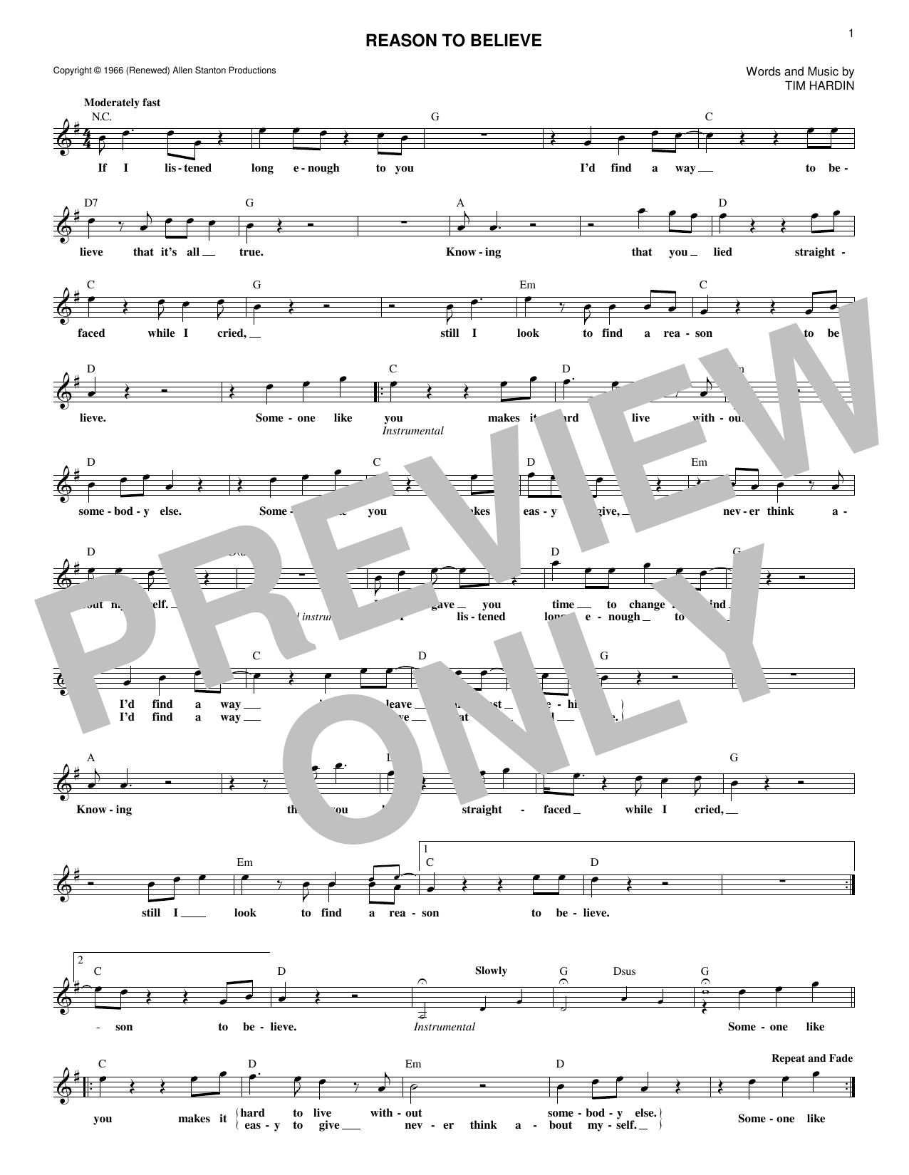 Tim Hardin Reason To Believe Sheet Music
