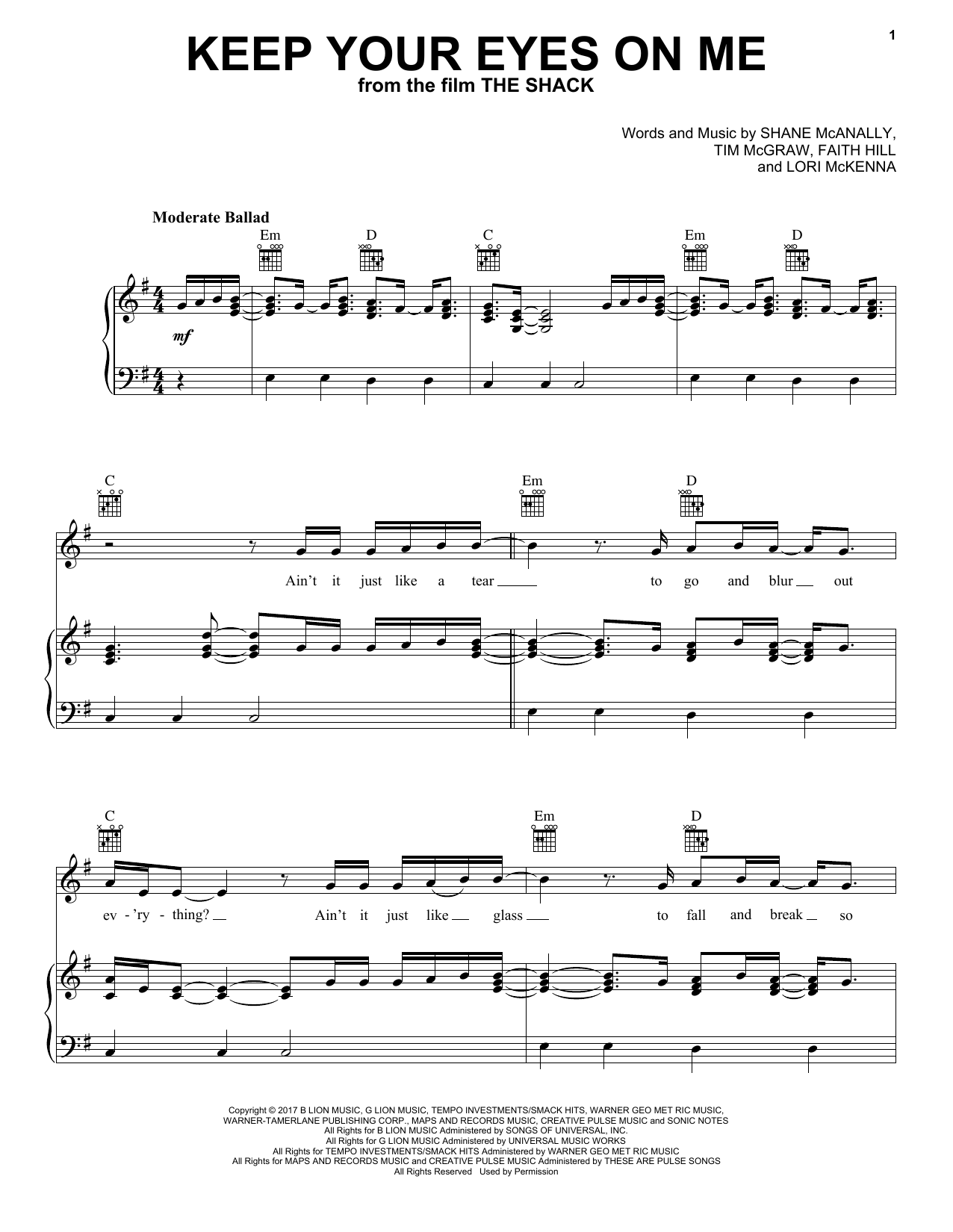 Tim McGraw and Faith Hill Keep Your Eyes On Me (from The Shack) Sheet Music