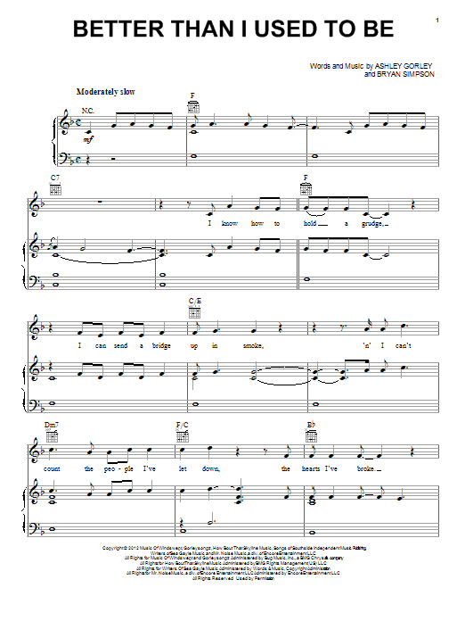 Tim McGraw Better Than I Used To Be Sheet Music
