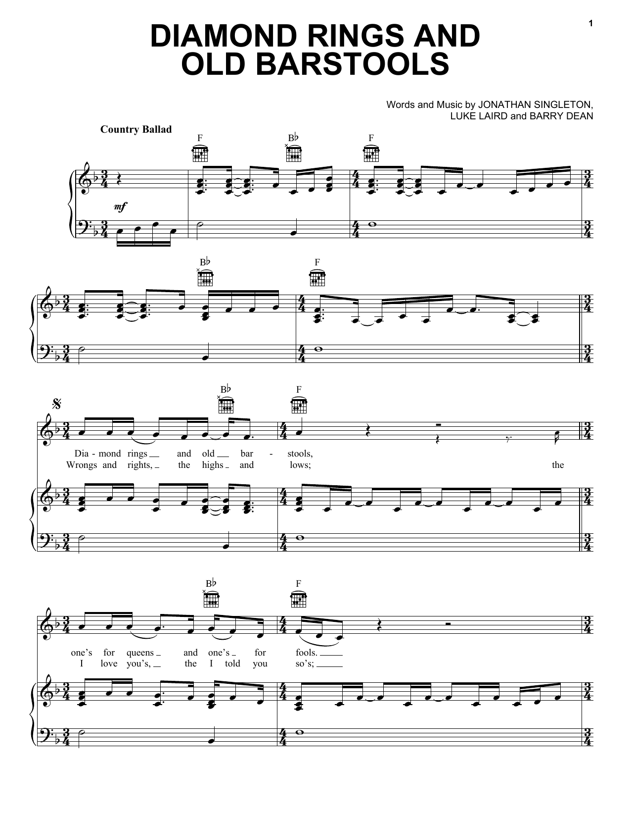 Tim McGraw Diamond Rings And Old Barstools Sheet Music