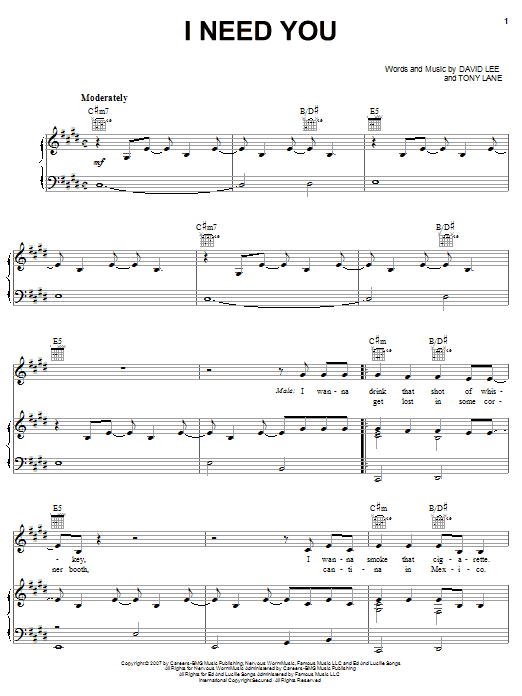 Tim McGraw with Faith Hill I Need You Sheet Music