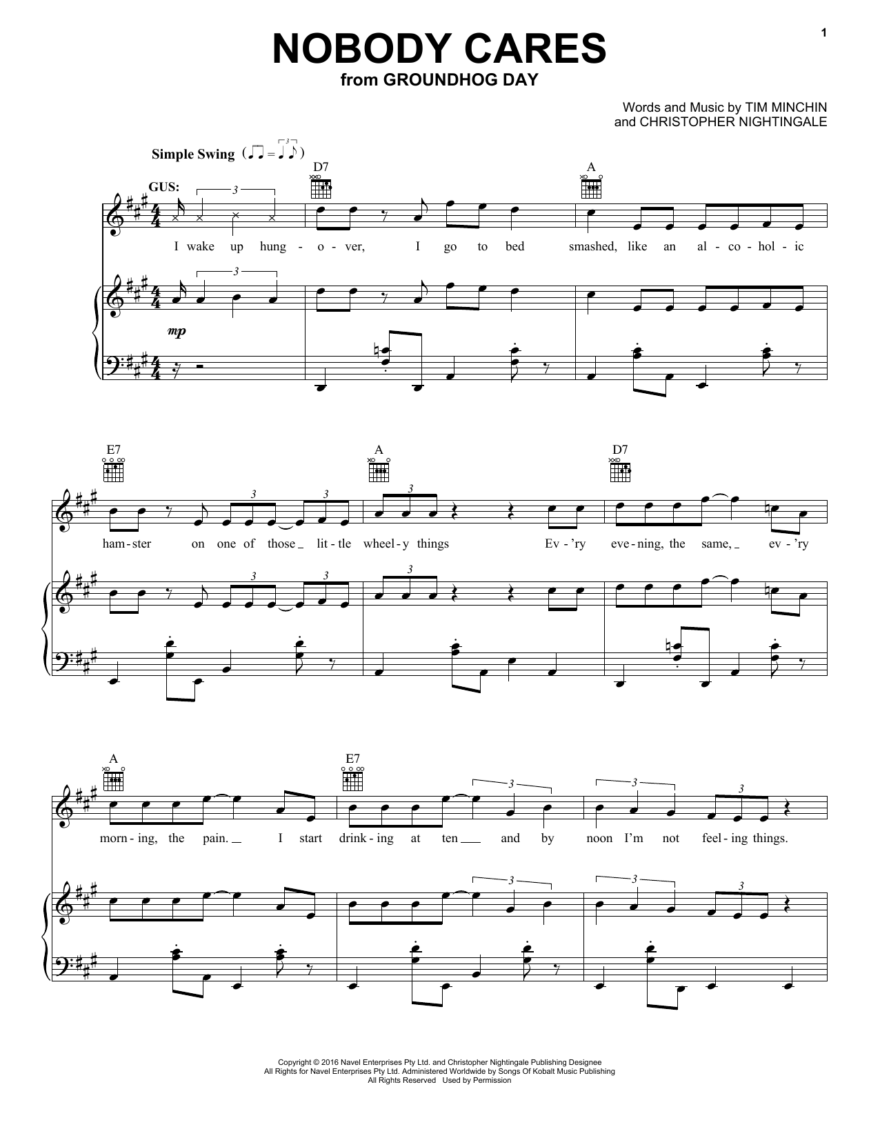 Tim Minchin and Christopher Nightingale Nobody Cares (from Groundhog Day The Musical) Sheet Music