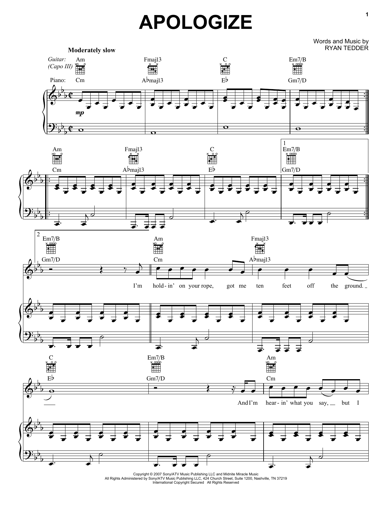 Timbaland Apologize (feat. OneRepublic) Sheet Music
