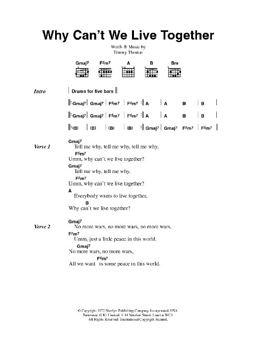 Timmy Thomas Why Can't We Live Together Sheet Music