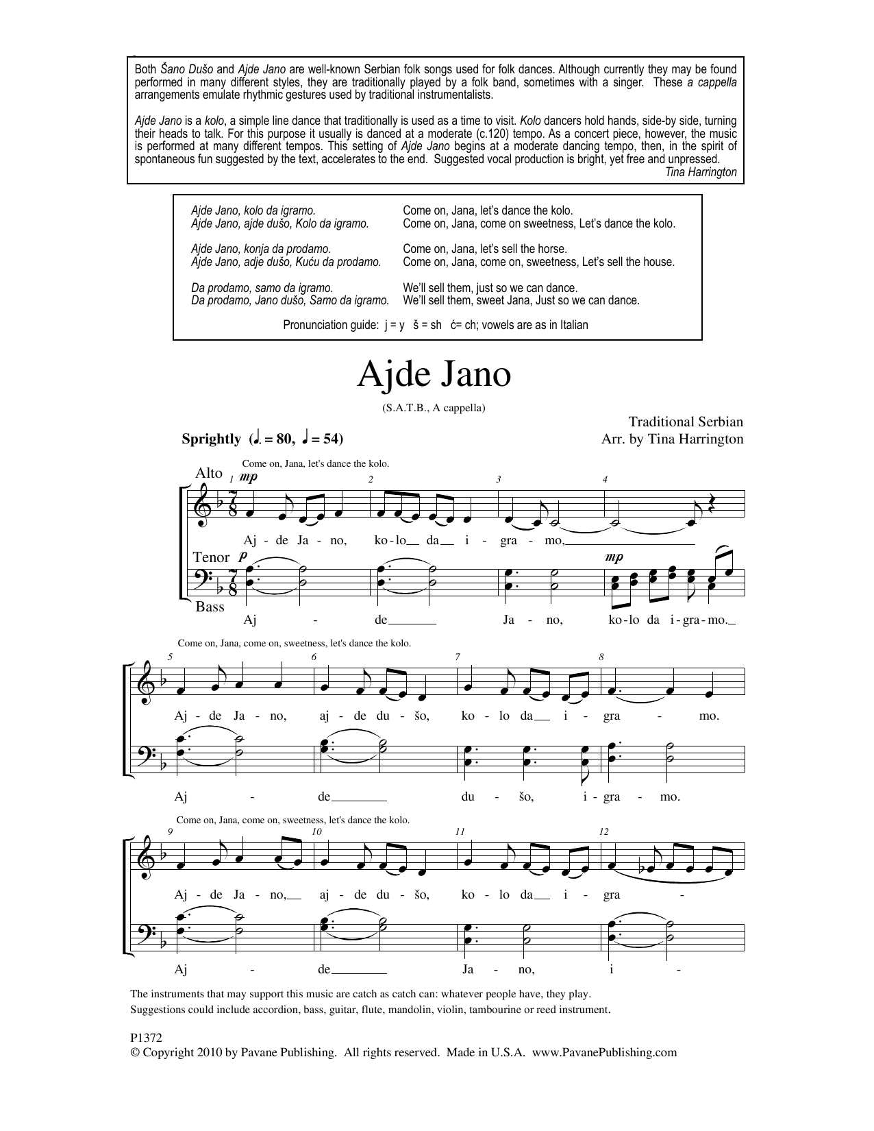 Tina Harrington Ajde Jano Sheet Music