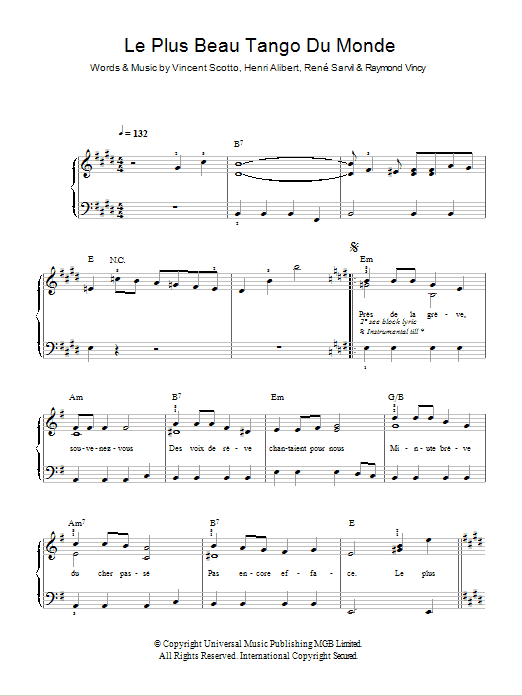 Tino Rossi Le Plus Beau Tango Du Monde Sheet Music