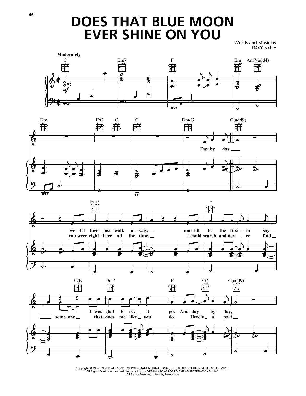 Toby Keith Does That Blue Moon Ever Shine On You Sheet Music