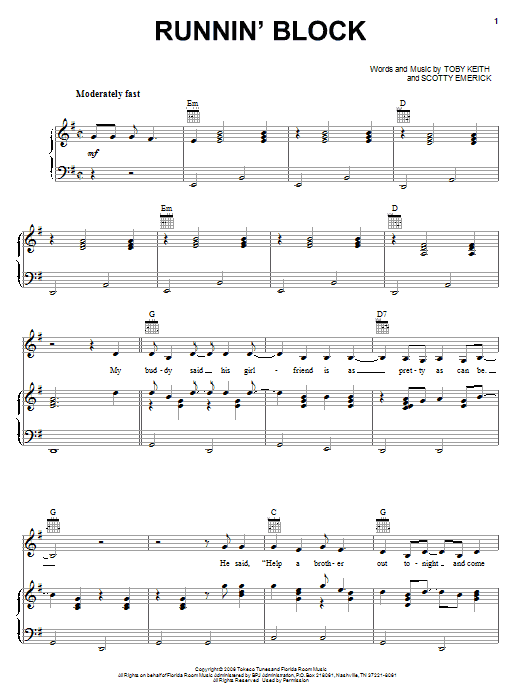 Toby Keith Runnin' Block Sheet Music