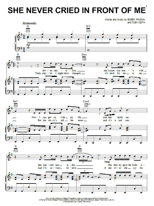 Toby Keith She Never Cried In Front Of Me Sheet Music