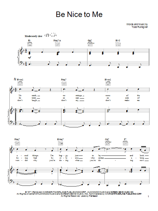 Todd Rundgren Be Nice To Me Sheet Music