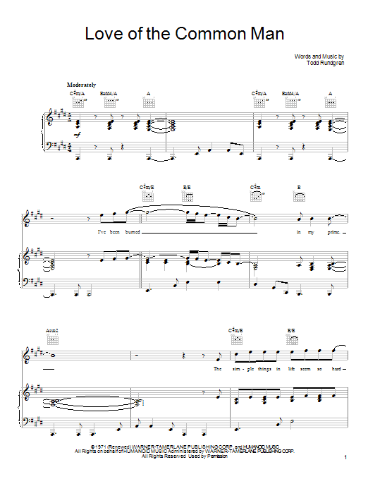 Todd Rundgren Love Of The Common Man Sheet Music