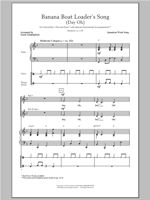 Tom Anderson The Banana Boat Song Sheet Music