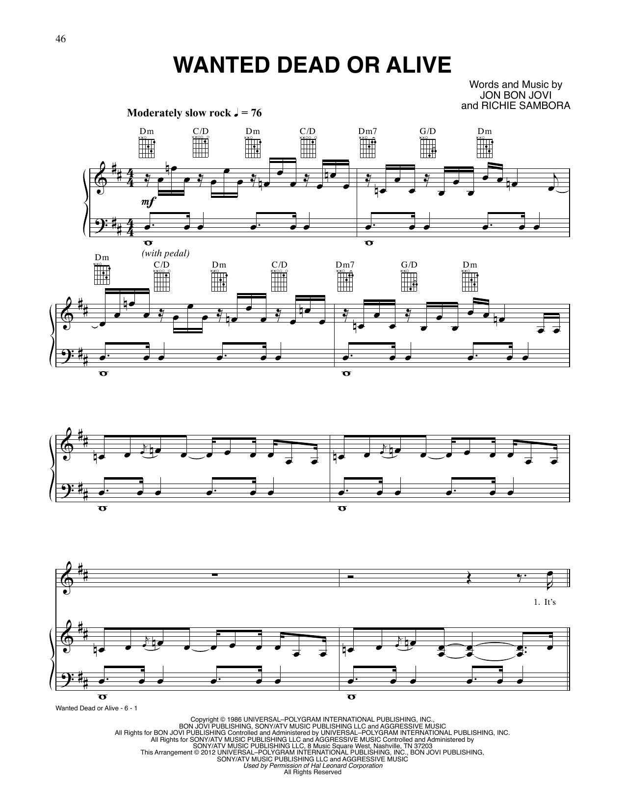 Tom Cruise and Julianne Hough Wanted Dead Or Alive (from Rock Of Ages) Sheet Music