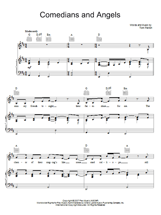 Tom Paxton Comedians And Angels Sheet Music