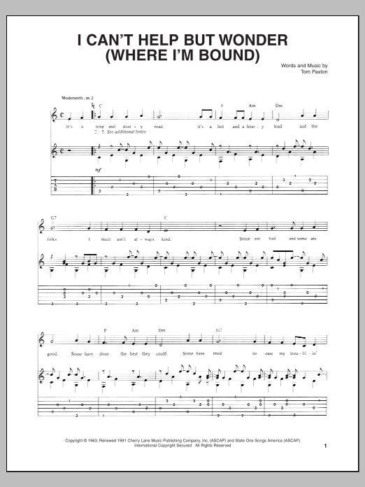 Tom Paxton I Can't Help But Wonder (Where I'm Bound) Sheet Music