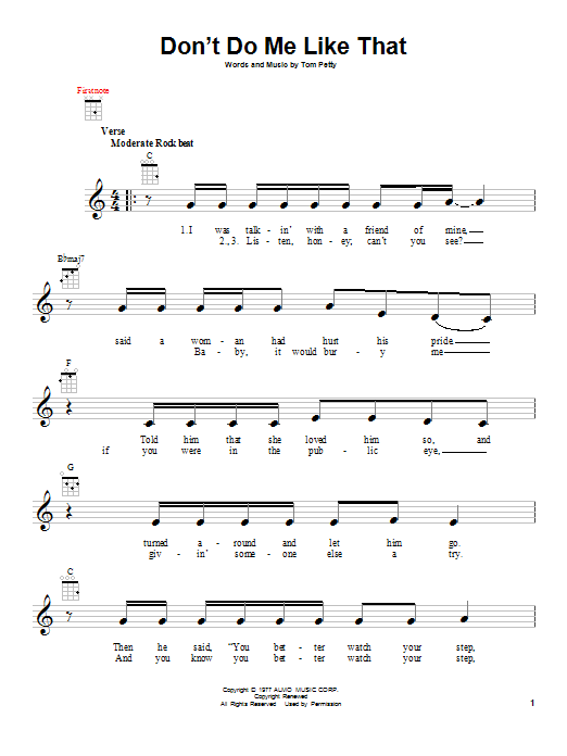 Tom Petty Don't Do Me Like That Sheet Music