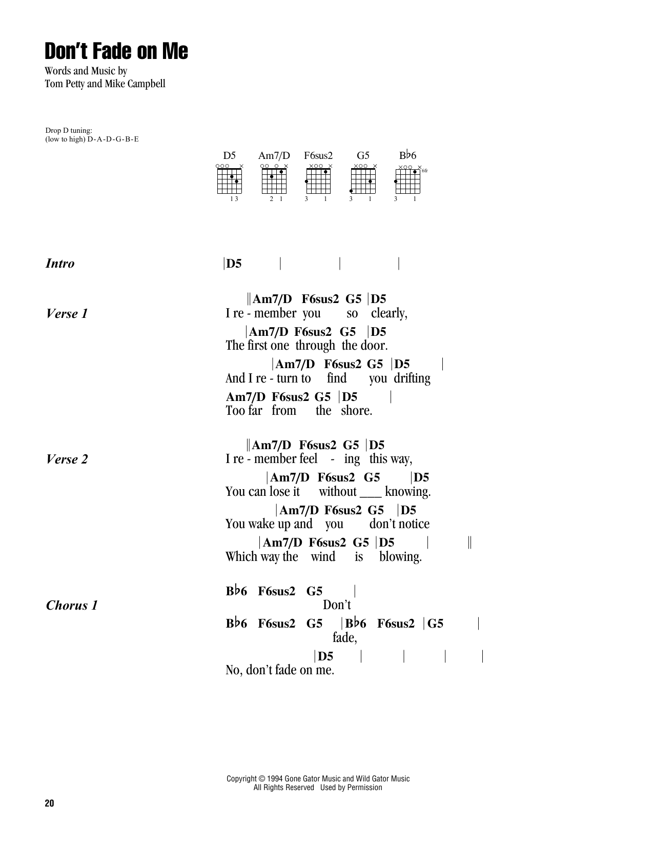 Tom Petty Don't Fade On Me Sheet Music