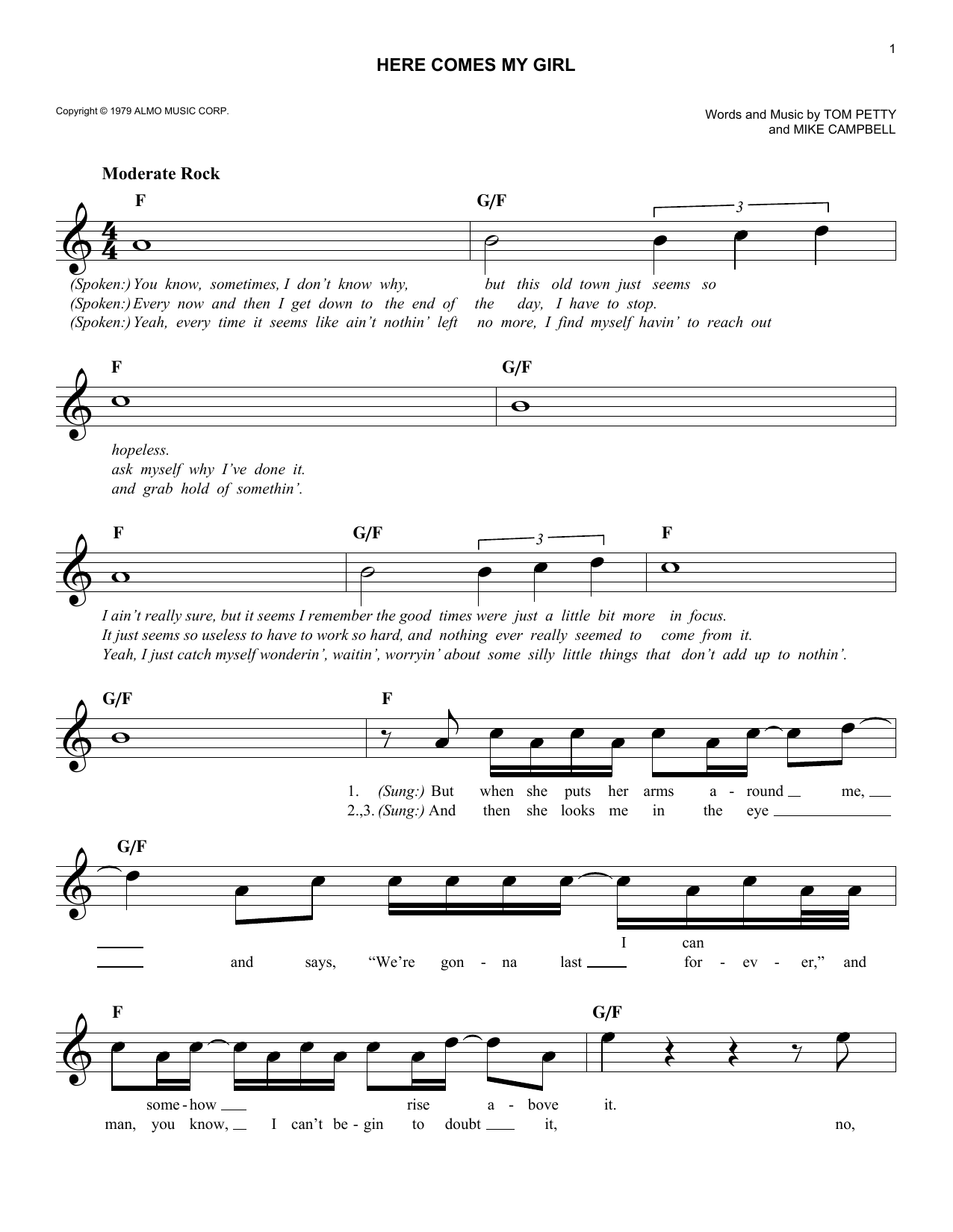 Tom Petty Here Comes My Girl Sheet Music