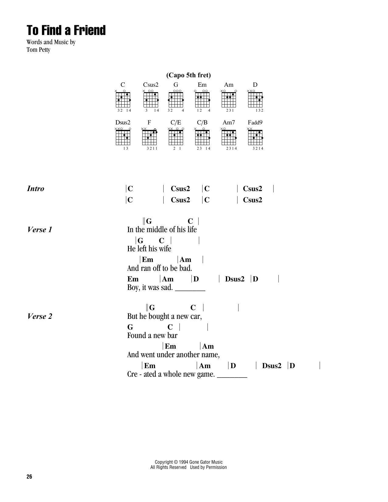 Tom Petty To Find A Friend Sheet Music