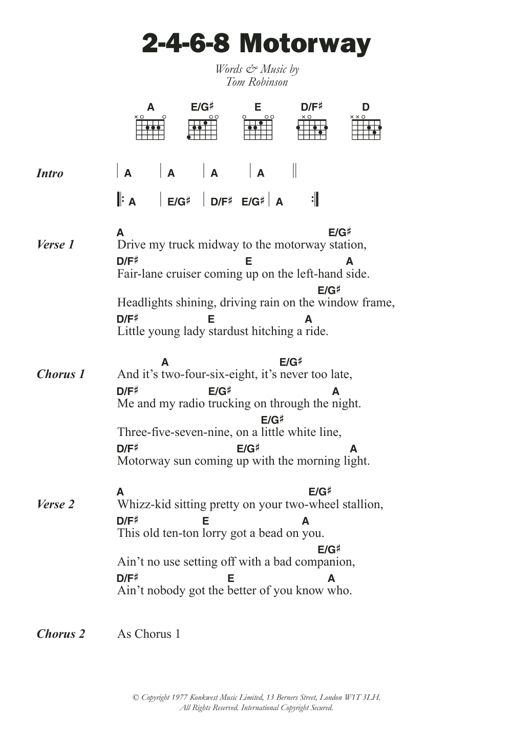 Tom Robinson Band 2-4-6-8 Motorway Sheet Music