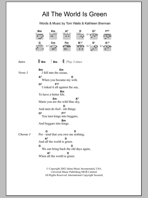 Tom Waits All The World Is Green Sheet Music