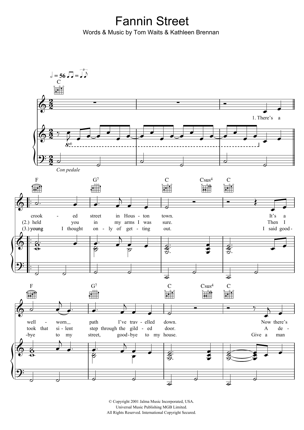 Tom Waits Fannin Street Sheet Music