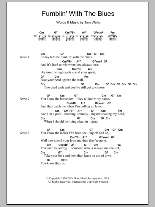 Tom Waits Fumblin' With The Blues Sheet Music