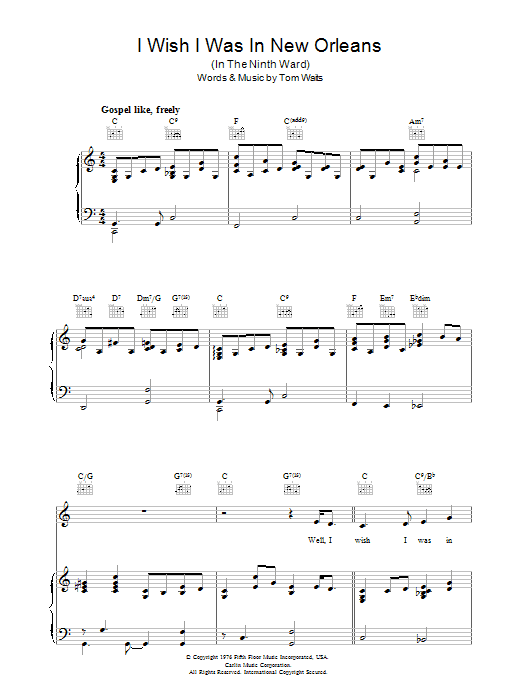 Tom Waits I Wish I Was In New Orleans Sheet Music