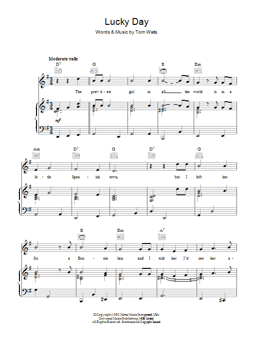 Tom Waits Lucky Day Sheet Music