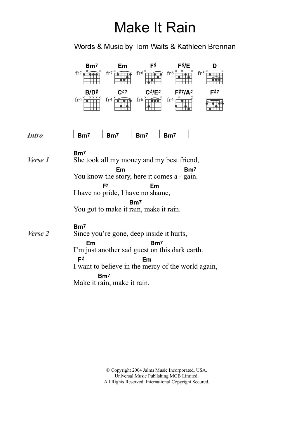 Tom Waits Make It Rain Sheet Music