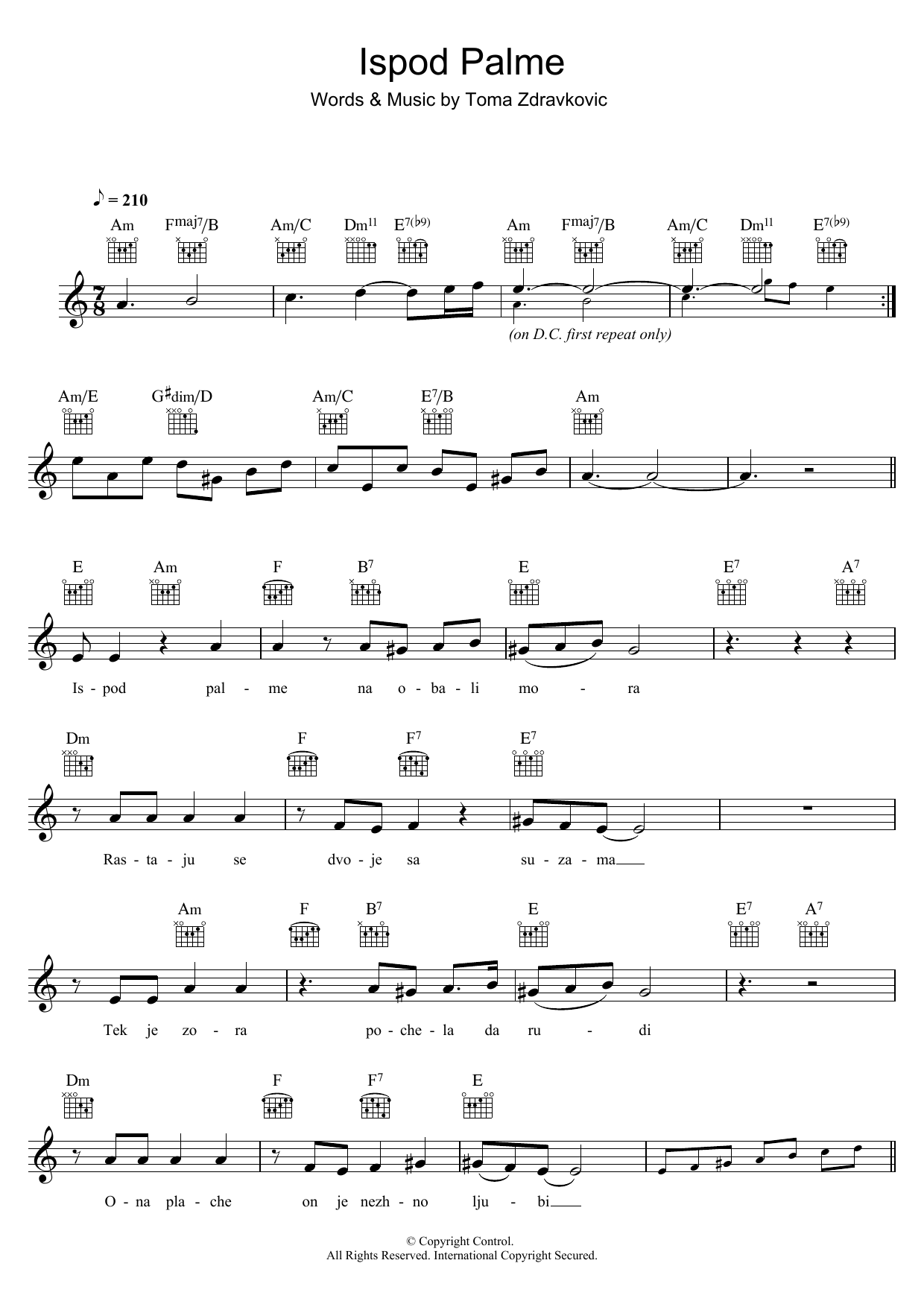 Toma Zdravkovic Ispod Palme Sheet Music