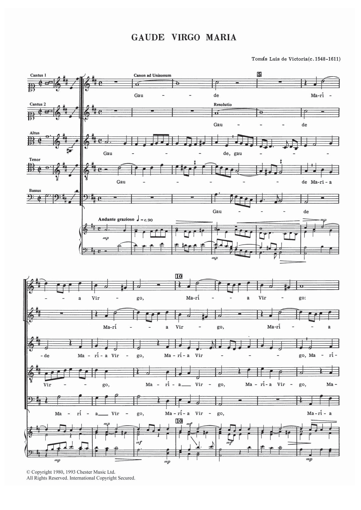 Tomàs Luis de Victoria Gaude Virgo Maria Sheet Music