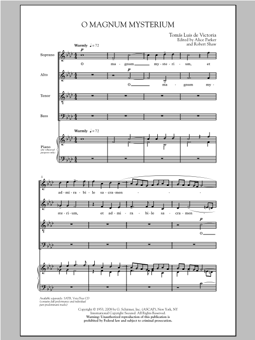 Tomas Luis De Victoria O Magnum Mysterium (ed. Alice Parker and Kirby Shaw) Sheet Music