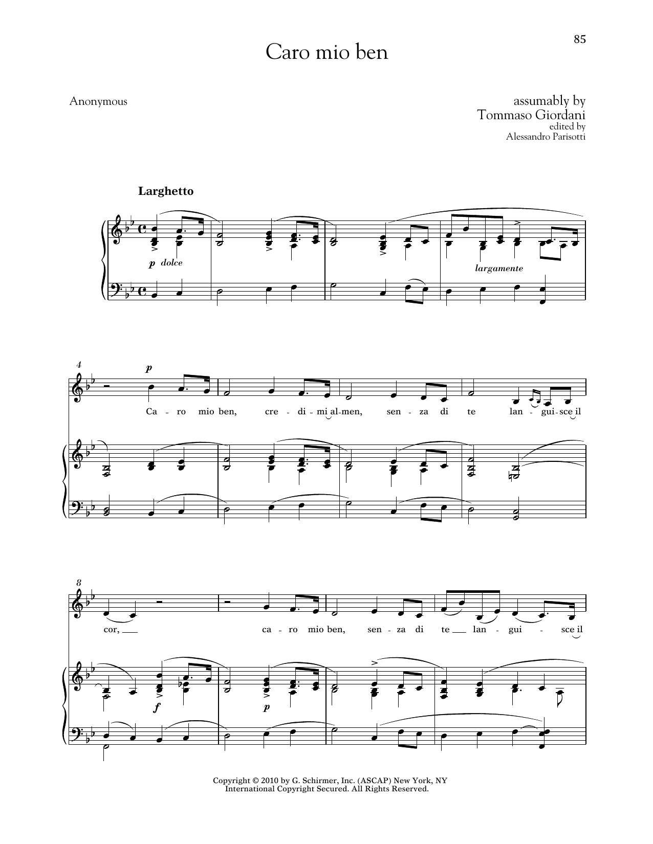 Tommaso Giordani Caro Mio Ben (Low Voice) Sheet Music