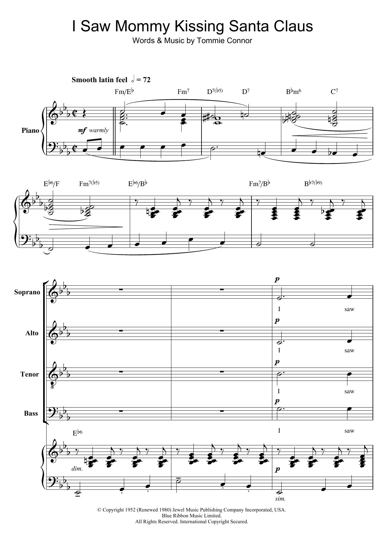 Tommie Connor I Saw Mommy Kissing Santa Claus (arr. Berty Rice) Sheet Music