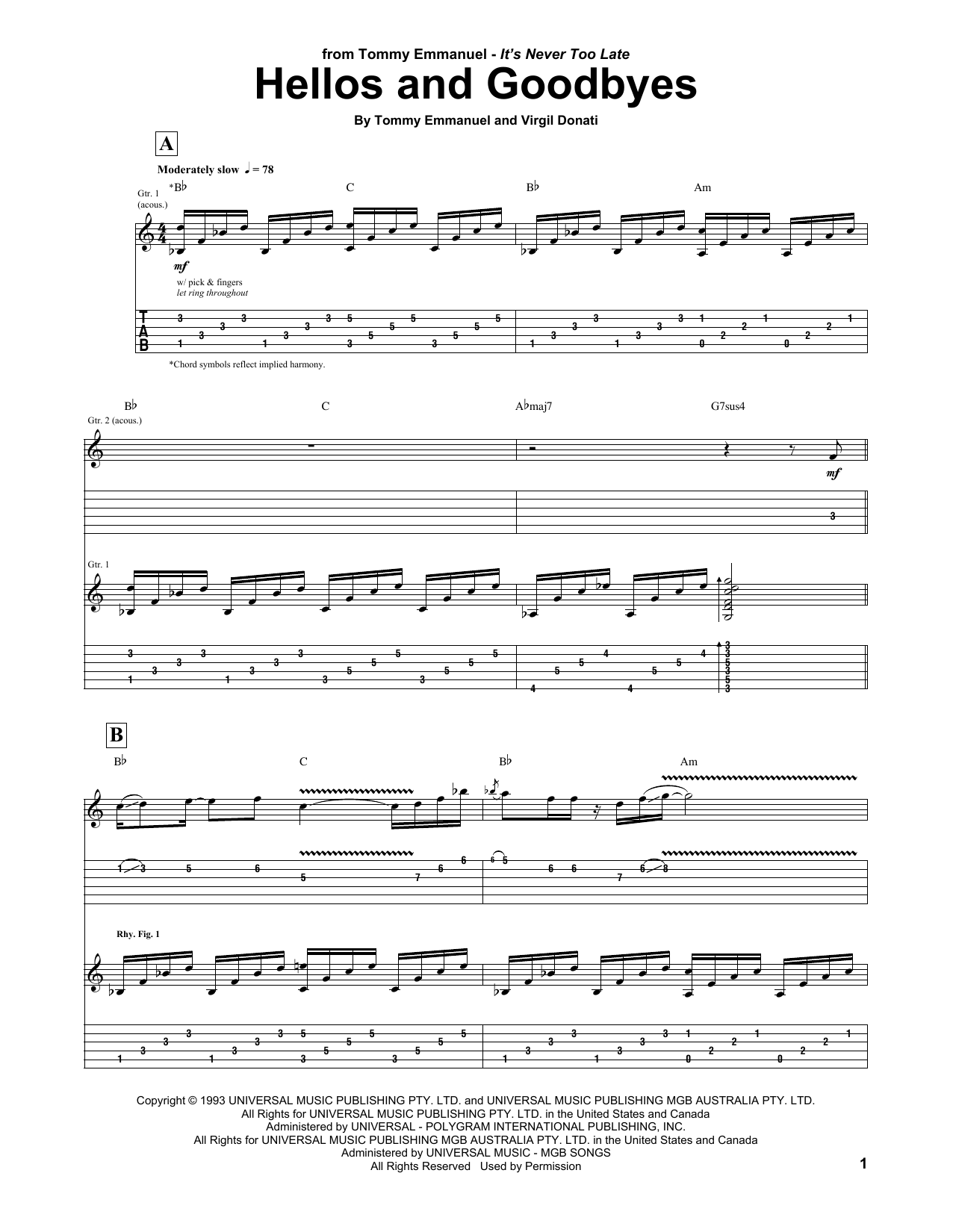 Tommy Emmanuel Hellos And Goodbyes Sheet Music