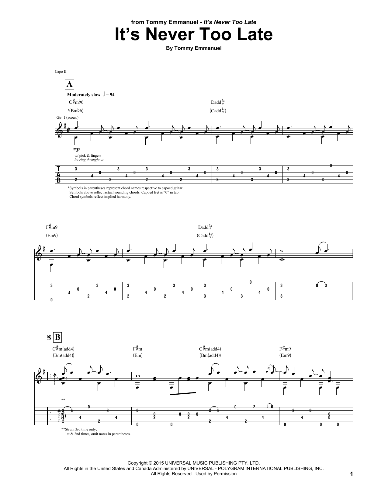 Tommy Emmanuel It's Never Too Late Sheet Music