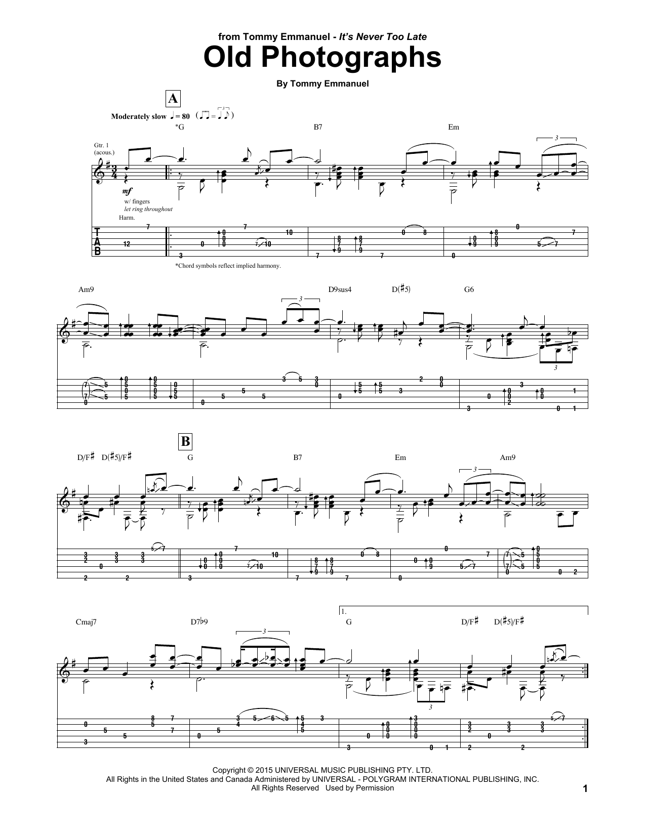 Tommy Emmanuel Old Photographs Sheet Music