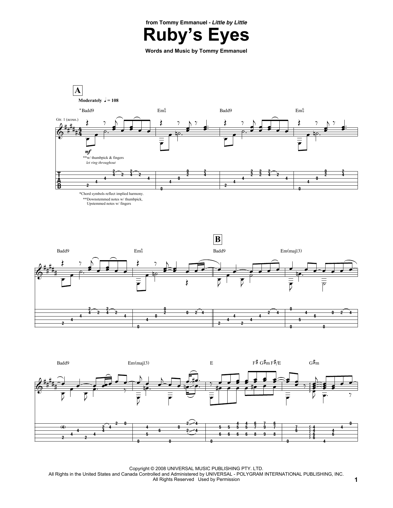 Tommy Emmanuel Ruby's Eyes Sheet Music