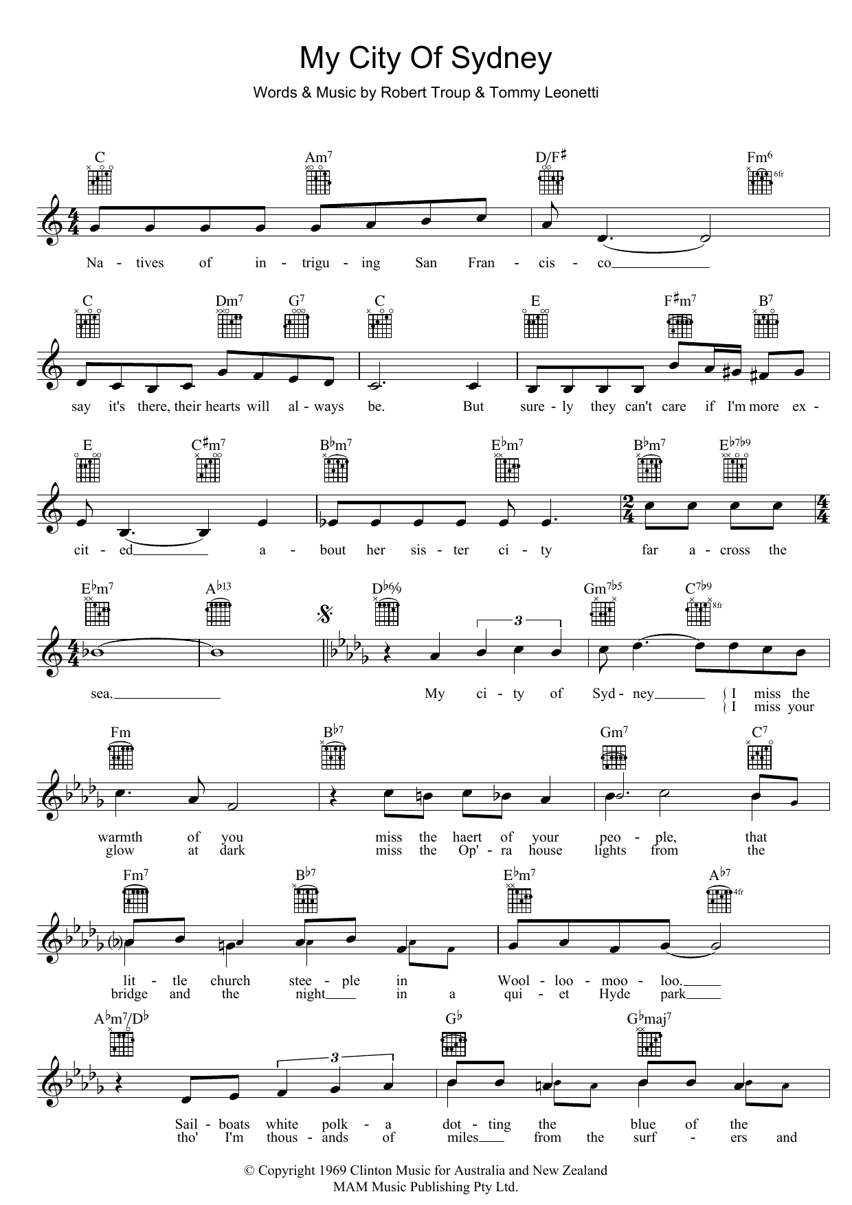 Tommy Leonetti My City Of Sydney Sheet Music