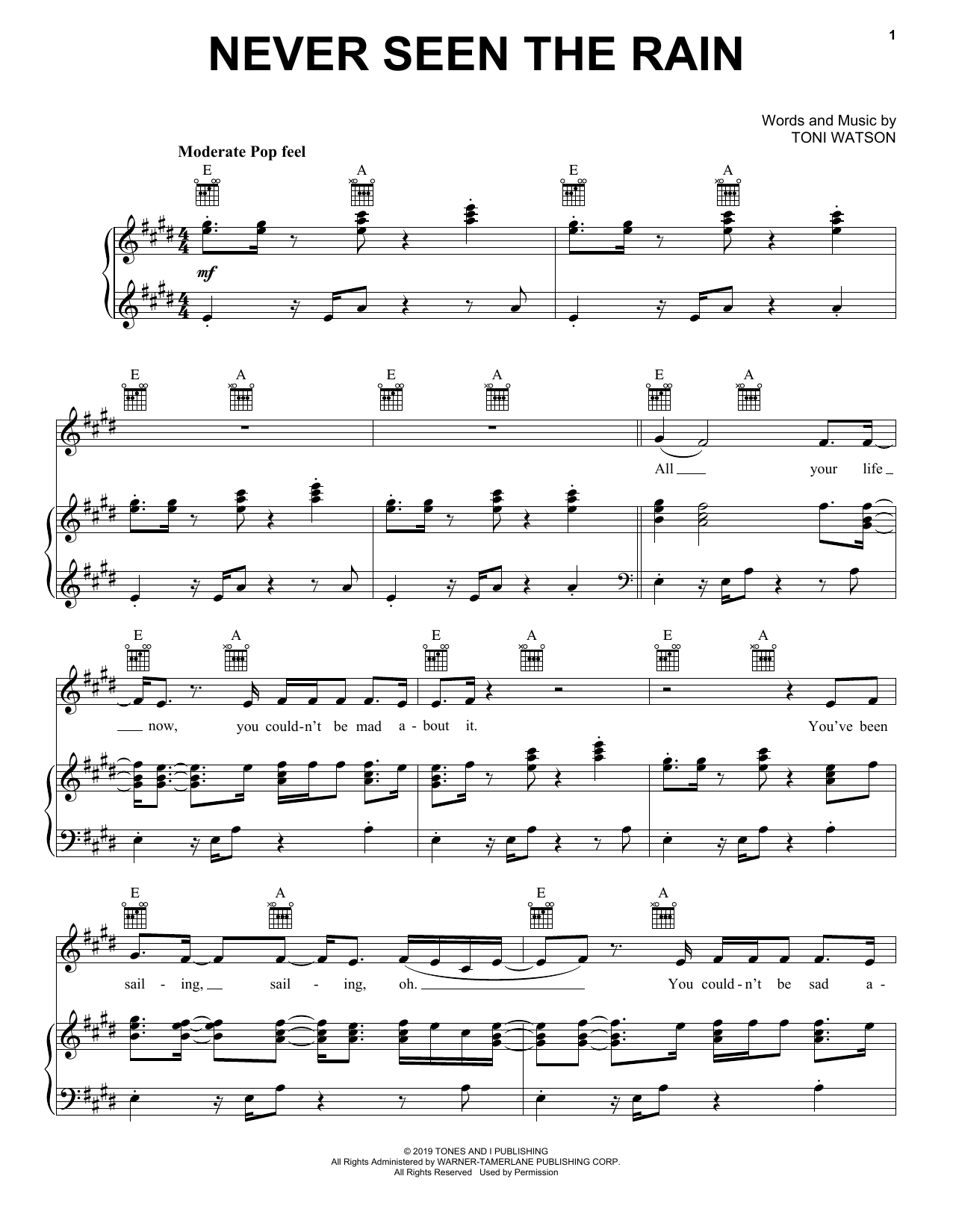 Tones And I Never Seen The Rain Sheet Music