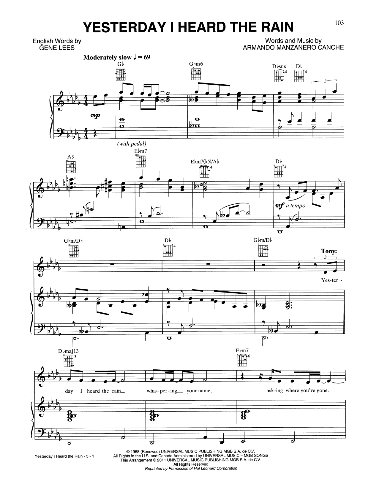Tony Bennett & Alejandro Sanz Yesterday I Heard The Rain Sheet Music