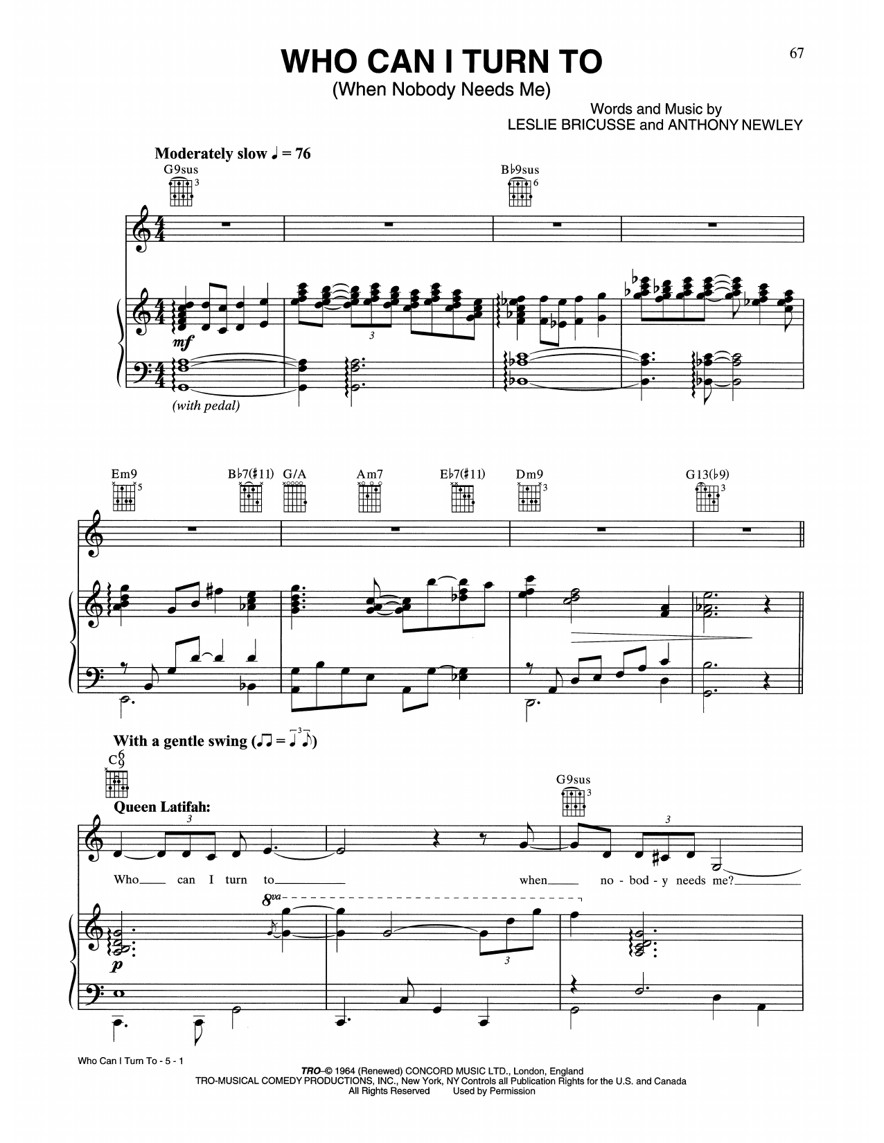Tony Bennett & Queen Latifah Who Can I Turn To (When Nobody Needs Me) Sheet Music