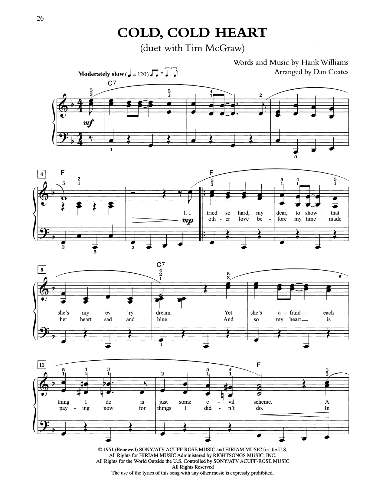 Tony Bennett & Tim McGraw Cold, Cold Heart (arr. Dan Coates) Sheet Music